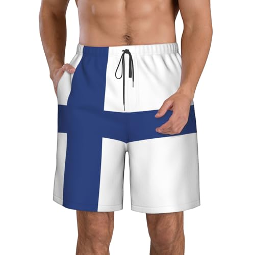 Men's Beach Shorts - Finnish Flag Full Print, Elasticized Waistband for Casual Wear, and Summer Activities