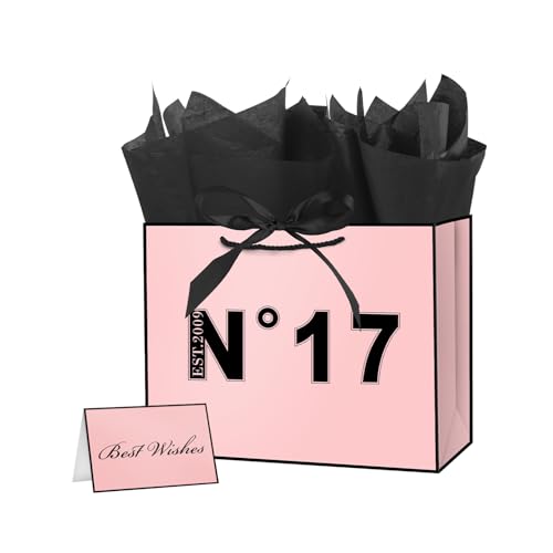 ysmile 17th Birthday Gift Bag with Tissue Paper for Women Girl Pink Black Bag with Handle 12.6" Est. 2009