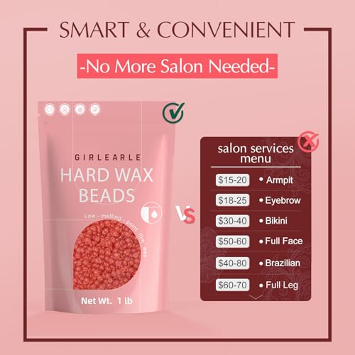Image of GIRLEARLE 1LB Hard Wax Beads for Hair Removal, Low Melt Hard Wax Beads with Red Rose Formula, Wax Beads for Brazilian Waxing & Sensitive Skin, Stripless Hard Wax for Bikini, Face & Body At-Home Waxing