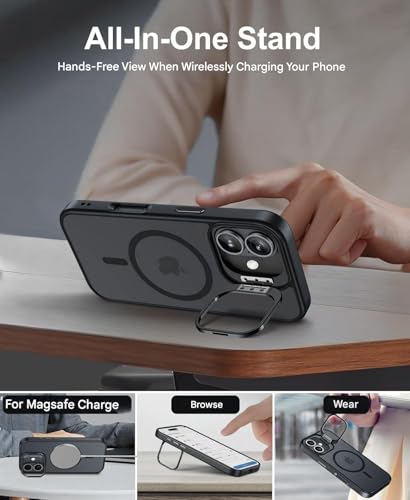 Image of Elzzi for iPhone 17 Case Compatible with MagSafe, Built-in Adjustable Camera Guard Kickstand, Translucent Matte Anti-Fingerprint Heavy Duty Shockproof Phone Cover - Widow Black