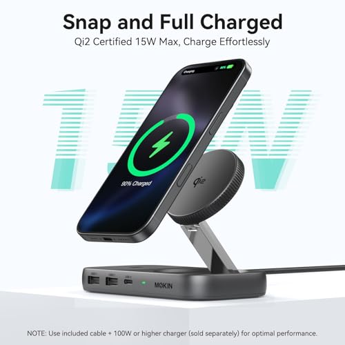 Image of MOKiN USB C Hub 15W Wireless Charger, Qi2 Certified Magsafe Charging Stand with 4K@60Hz HDMI, 100W PD, 10Gbps USB C /A, and 5W Charging Pad, Laptop Docking Station for MacBook /Windows