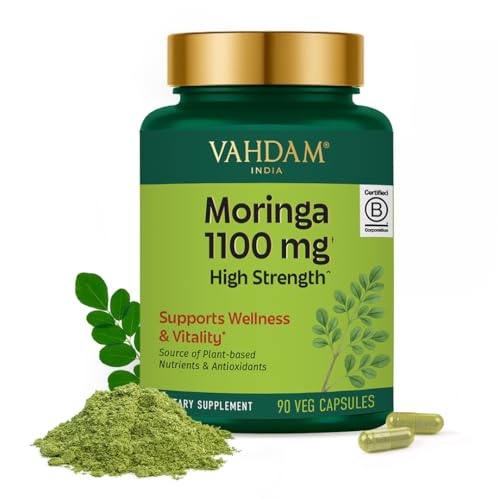 VAHDAM Moringa Capsules 1100mg | Supports Wellness and Vitality | Source of Plant Based Nutrients and Antioxidants | High Strength Green Superfood Supplement | 90 Veg Capsules