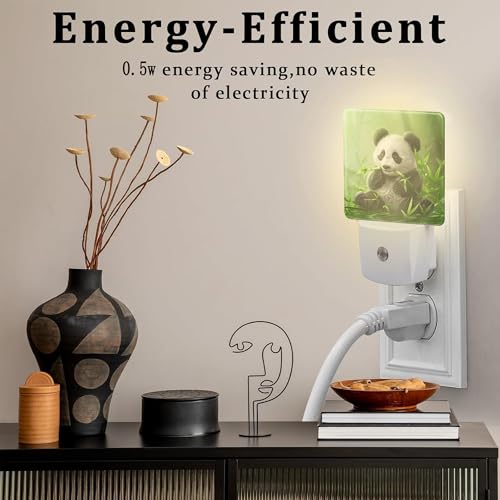 Image of Cute Panda Eating Bamboo Night Light, Natural Animal Green Leaves Dusk to Dawn Night Light Plug in, 0.5W Energy Saving Sleep Friendly NightLight for Kids Boys Girls Home Decor