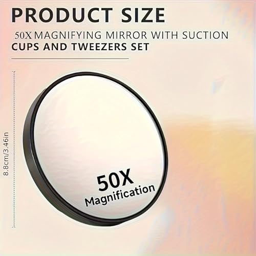 Image of 50X Magnifying Mirror, 8.8 * 8.8 * 2 CM Makeup Mirror with Precision Tweezers, Round Portable Mirror for Eyebrow Plucking, Blackhead Removal, Travel Grooming