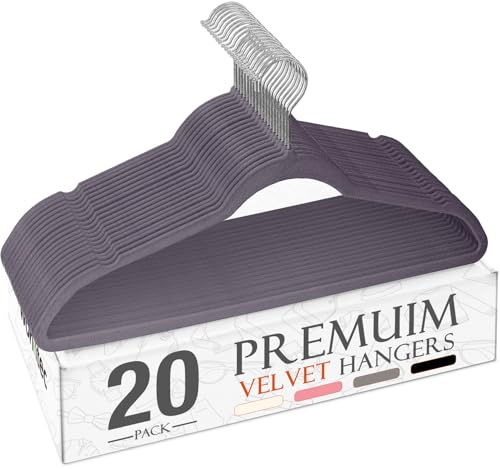 Wohntec Kleiderbügel Samt 20 Stück - Kleiderbügel Platzsparend, Bügel rutschfest und Belastbar, 360° Drehbar Hangers - für Hemden, Anzüge, Pullover, Hosen, Grau