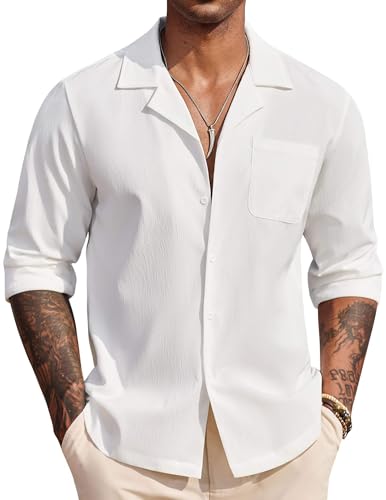 Image of DEELMO Mens Casual Button Down Shirt Summer Beach Shirts Long Sleeve Cuban Collared Tropical Textured Shirts