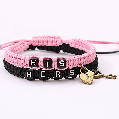 Image of AKOAK 2 Pcs HIS HERS Couple Braided Bracelet Padlock Key Pendant Hand Braided Lanyard Valentine's Day Gift Jewelry
