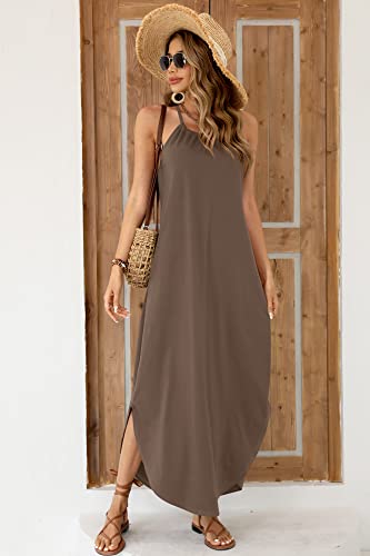 Women's Summer Casual Long Loose Side Slit Halter Maxi Sleeveless Khaki Beach Dress M #TOP1
