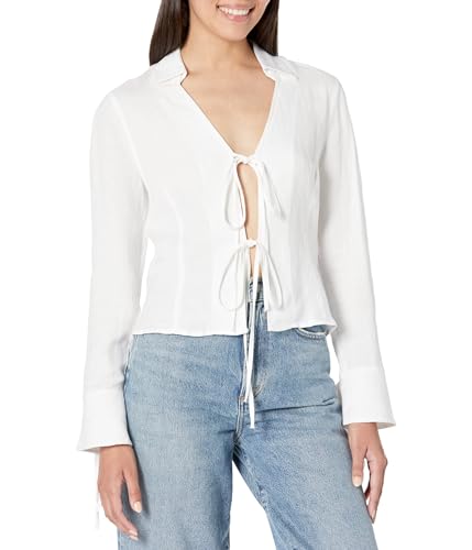 [BLANKNYC] Womens Luxury Clothing Lace Up Bell Sleeve Shirt, Comfortable & Stylish, Skim Milk, Small