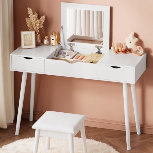 EUGAD Coiffeuse avec Miroir Rabattable et Tabouret Rembourré, Table de Maquillage avec Grand Plateau 100x40cm et 2 Tiroirs, Bureau Coiffeuse Meuble Cosmétique pour...