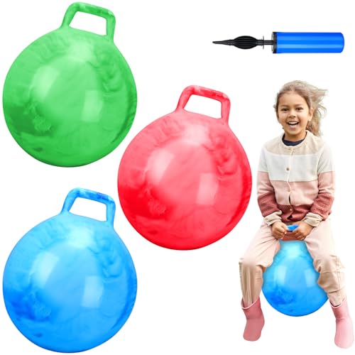 Poen 3 Pcs 18 Inch Hopper Inflatable Bouncy Ball with Handle Hippity Hop PVC Jumping Hopping Ball with 1 Air Pump for Kids Toddler Boys Girls Gifts Games(Red Blue Green)