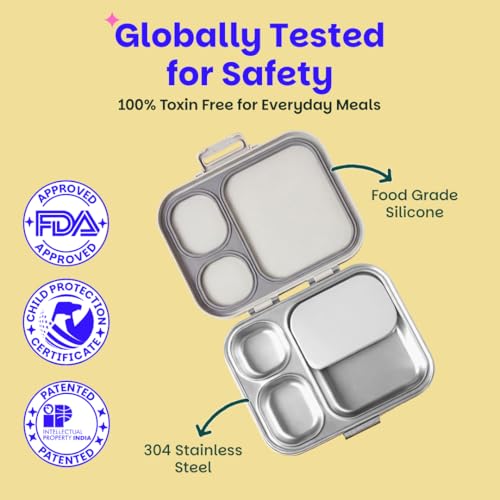 Image of Basil Bento Box Quad Plus -3+1 Compartment Stainless Steel Lunch Box (1020ml) with BPA Free Lid | Leak Proof Tiffin for Kids & Adults | Premium Lunch Box for School, Office & Picnic - Classic Grey