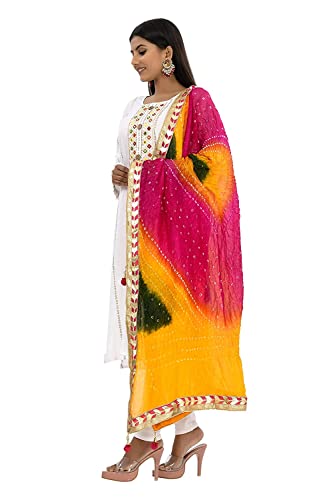 Image of Women's Jaipuri Art Silk Bandhej Rajasthani Bandhani Dupatta with Gota Patti Lace