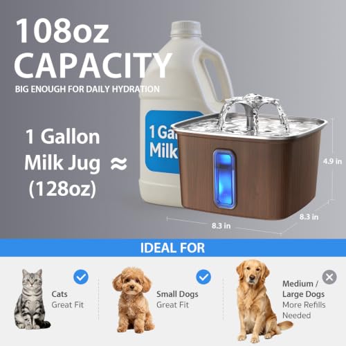 Image of Veken Innovation Award Winner Stainless Steel Cat Water Fountain, 108oz | Automatic Pet Fountain Dog Water Dispenser with Replacement Filters & Silicone Mat for Cats, Dogs (Walnut Brown)