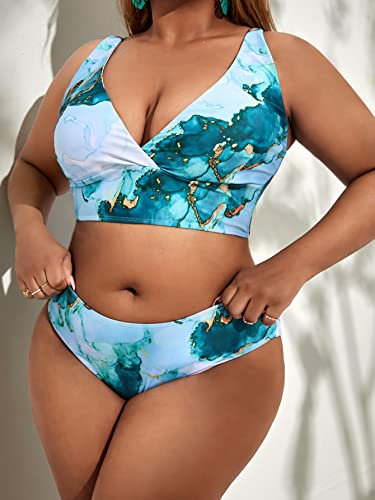 Soly Hux Women's Plus Size Marble Print V Neck Bikini Bathing Suits With Drawstring Beach Skirt 3 Piece Swimsuits Multicoloured 2Xl #TOP3