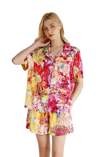 Image of YiNi LuLu Womens Silk Satin Shorts Pajamas Set Button Down 2 Piece Pjs Short Sleeve Oversized Sleepwear with Pockets