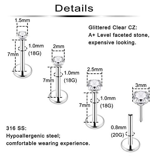 Ftovosyo 20G 18G Threadless Push in Nose Rings Studs Surgical Steel Pushin Nose Stud 1.5mm 2mm 2.5mm 3mm Round Crystal Nose Piercing Jewelry for Women Men2