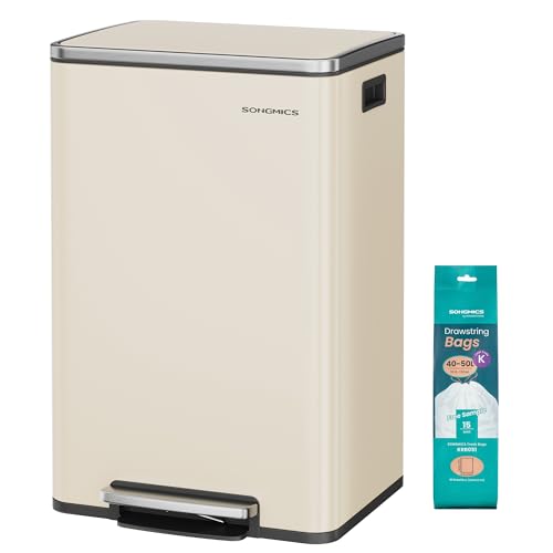 SONGMICS Poubelle de Cuisine 50 L, avec 15 Sacs Poubelle, en Acier, Seau Intérieur Amovible en...