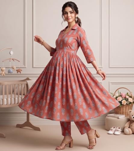 Image of DUMMY SHAPE Maternity Dresses for Women Cotton | Floral Kurta Pant Dupatta Set with Nursing Zippers, Side Pocket | Pre & Post Pregnancy | Feeding Kurti Suit | Baby Shower | Gifts for Pregnant Woman