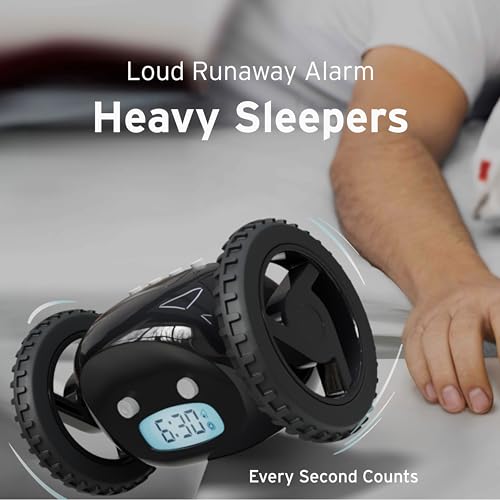 Image of CLOCKY Alarm Clock on Wheels - Loud Rolling Alarm Clock for Heavy Sleepers | Runaway Clock that Jumps & Runs to Wake You Up | Funny Unique Gift for Adults, Teens & Kids Bedrooms (Black Wheels)