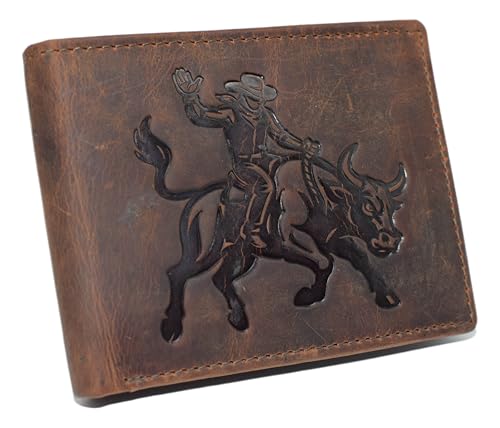 MARSHAL Western Rodeo Bull Rider Design Genuine Leather RFID Blocking Cowboy Bifold Wallet for Men (Brown)