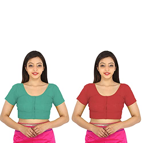 Image of Namita Women's Rubia Cotton Half Sleeve Blouse Combo (U-COT-COM-2-LIGHTGREEN-CHESTNUT-38 Light Green, Chestnut 38)