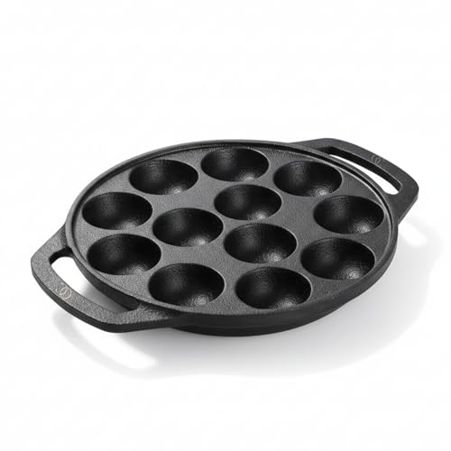 Image of Omichef Cast Iron Paniyaram Pan (Appe Maker) Pre-Seasoned 12 Pits Appam Maker | Small Paddu Pan | Naturally Non-Stick | Gas & Induction Compatible