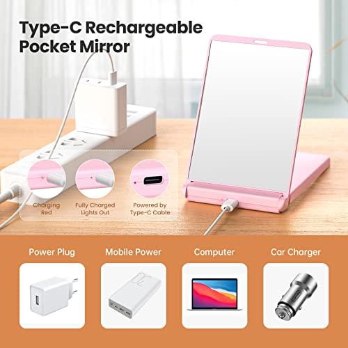 Gospire Standing Led Travel Makeup Mirror With Lights And Magnification 1X/3X, Rechargeable Compact Mirror With Adjustable Brightness, Foldable Small Vanity Mirror Handheld For Purses – Pink #TOP2