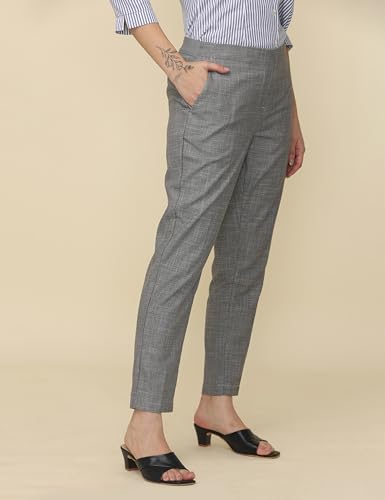 Image of WEARHOUSE Women's Polyester Solid Formal Elasticated Trousers Pant | Stripped Regular Fit for Office | Formal | (Grey)