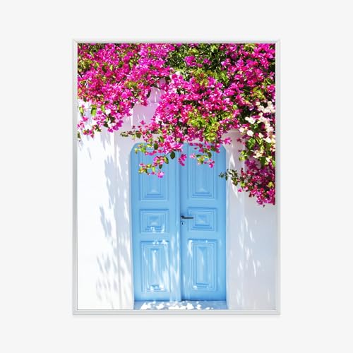 Poster architecture grecque porte bleue fleurs roses avec cadre argenté 60x80