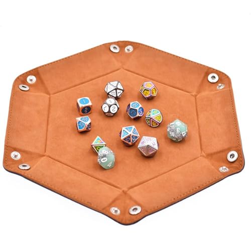 Tokaneit Würfelteller Braun Dice Tray,Würfelmatte,Würfelschale,Würfeltablett Klappbar Hexagon PU Leder Samt Halter,Faltbare Würfelbretter,Doppelseitig Würfelbrett,Klappbares Sechseckiges Würfelfach