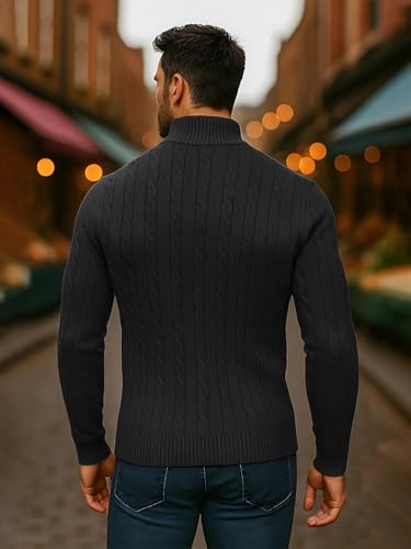 Image of TYSORT Men High Neck Zipper Full Sleeve Cable Knitted Winter Sweater,Cable Knit Sweater for Men
