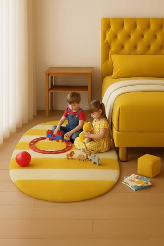 Image of Fluffy Silky Micro Fiber Polyster Carpet /Runner for Bedroom, Study Room, Playing Room, Guest Room ETC. 2x4 Feet, (Yellow and Ivory new line)