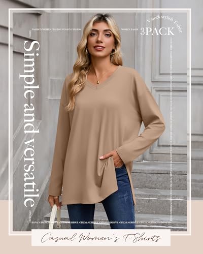 Huukeay 3 Pack Womens Oversized Long Sleeve T Shirts V Neck Knit Casual Workout Tunic Tops Side Split Loose Basic Tees3
