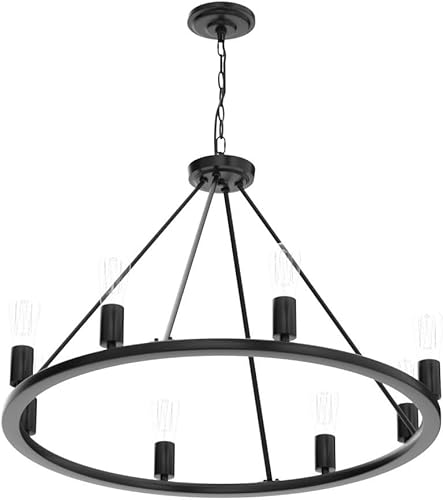 Miniatura 4 de Saint Mossi Famhouse - Lámpara de araña con 8 luces, estilo rústico vintage, lámpara de araña de granja, lámpara de rueda de carro, acabado de