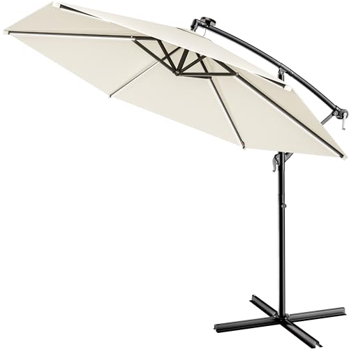Kingsleeve® Ampelschirm LED Beleuchtung UV Schutz 80+ Solar Ständer Schutzhülle 350cm Groß Kurbel Balkon Terrasse Gartenschirm Sonnenschirm Creme