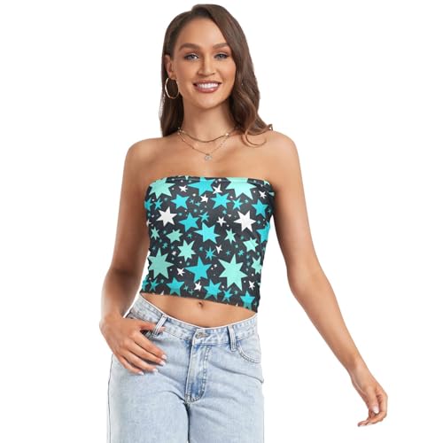 EtherSpher Fashion Turquoise Stars Dark Blue Tight Women's Strapless Crop Tops Halter Top for Teen Girls Club, Fashion Turquoise Stars Dark Blue, Medium