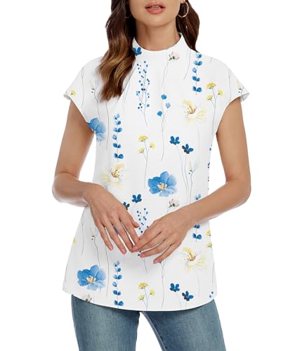 Image of Funlingo Womens Summer Tops Mock Neck Short Cap Sleeve Blouses Business Casual Work Chiffon Shirts Front Pleated Tunic Top
