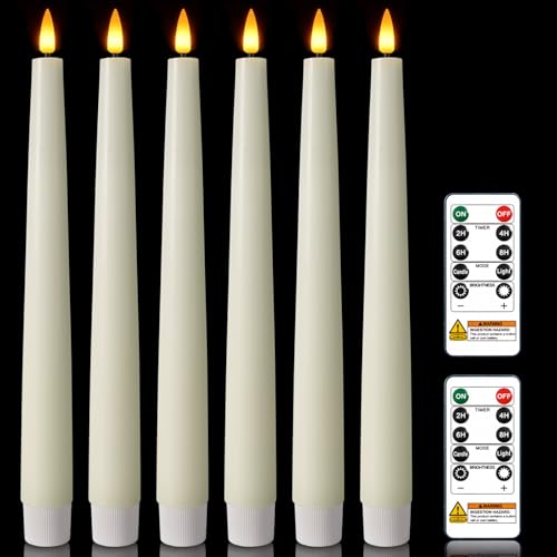 Image of Homemory 9.6 Inches Waxy Flameless Taper Candles with Remote Timer Dimmer, Flickering LED Candlesticks, Battery Operated Window Candle for Christmas Wedding Home Decor, Ivory, 6 Pcs
