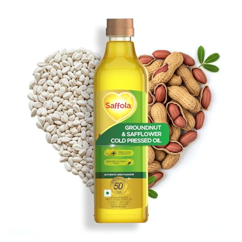 Image of Saffola Cold Pressed Oil, Goodness of 2 - Groundnut & Safflower | Helps Lower Cholesterol, Make Easy-To-Digest Food | 1L Pet Bottle