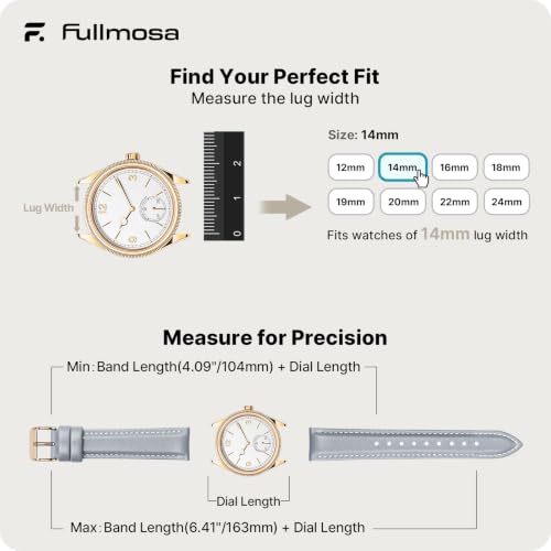 Image of Fullmosa 14mm Quick Release Leather Watch Band | Traditional Smartwatch Replacement Strap for Women Formal Daily Commute, Light Gray&Rosegold Buckle