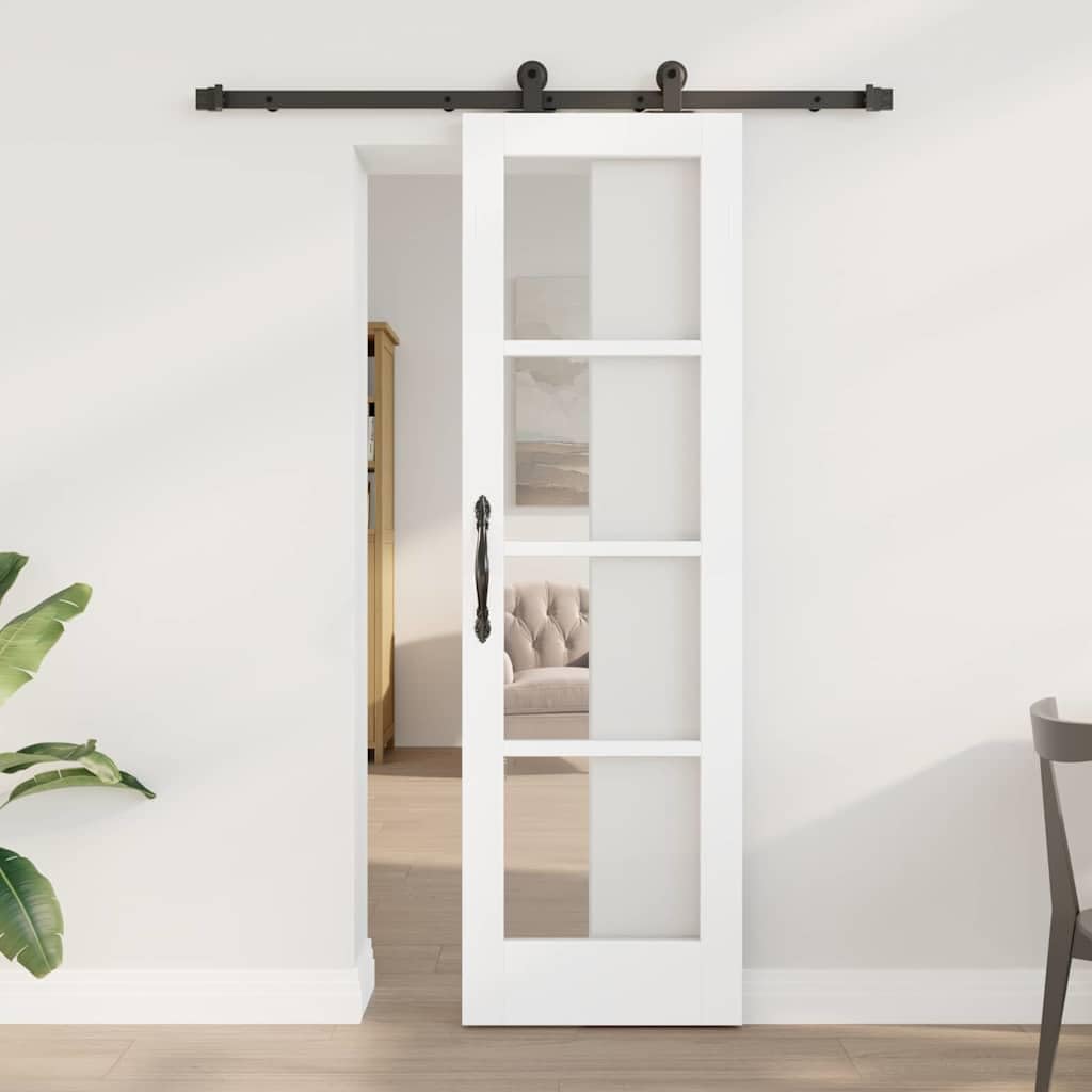 Drzwi przesuwne ORKDAL białe 61 x 198,5 cm lite drewno sosnowe i szkło z technologią ślizgową, do wnętrz, łącznie z szyną i stoperem, idealne do pomieszczeń mieszkalnych i jadalni