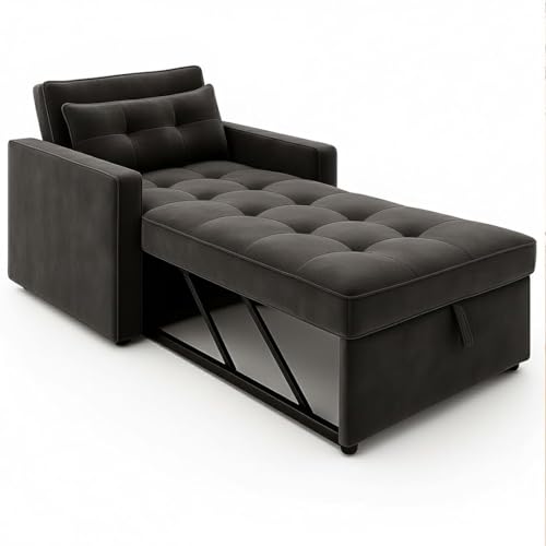 Image of FURNY Tressa 1 Seater Fabric Easy Pull-Out Sofa Cum Bed (Dark Grey) Premium Velvet Finish | Durable Comfort | Ideal for Living Room