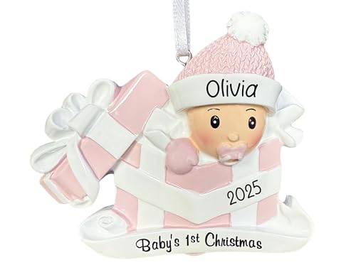UniqXmas Personalized My Baby's First Christmas Ornament 2025 | Custom Baby Girl in Pink Present Xmas Tree Decoration – New Baby Newborn Daughter Grandbaby 1st Year Xmas Keepsake