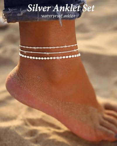 Image of ZHESHY Gold Silver Ankle Bracelets for Women 14K Gold Plated Anklets for Women Waterproof Cuban Link Heart Chain Anklets Set Non Tarnish Dainty Layered Anklet Bracelets for Women Summer Beach Jewelry