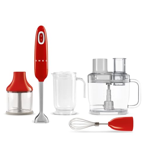 SMEG Hand Blender & Food Processor Bundle – HBF03 with HBFP11 Attachment – Retro Style, 350W Motor, Variable Speed, Tritan™ Renew Bowl, 5-in-1 Functionality, Red