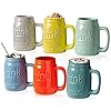 Mason Jar Mugs - Set of 6-15oz - Ceramic, Vibrant Colors - Great for Coffee, Tea, Cold/Hot Drinks, Indoor/Outdoor Parties - Farmhouse Décor