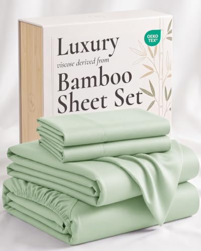 Image of Hotel Sheets Direct 4 Piece Bed Sheet Set Queen Size, 100% Viscose Derived from Bamboo Sheets Set with 2 Pillowcases, Cooling & Breathable Luxury Bedding, Moisture-Wicking & Silky Soft, Light Green