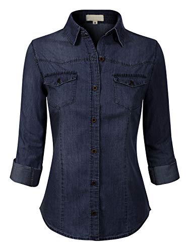 Design by Olivia Women's Roll up Sleeve Button Down Chambray Denim Shirt (S-3XL) Dark Denim 2XL