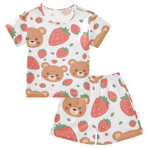 ALAZA Cute Bear Strawberry Fruit Pajamas Short Sleeve 2 Piece Sleepwear Top and Bottom Pajama Set Unisex